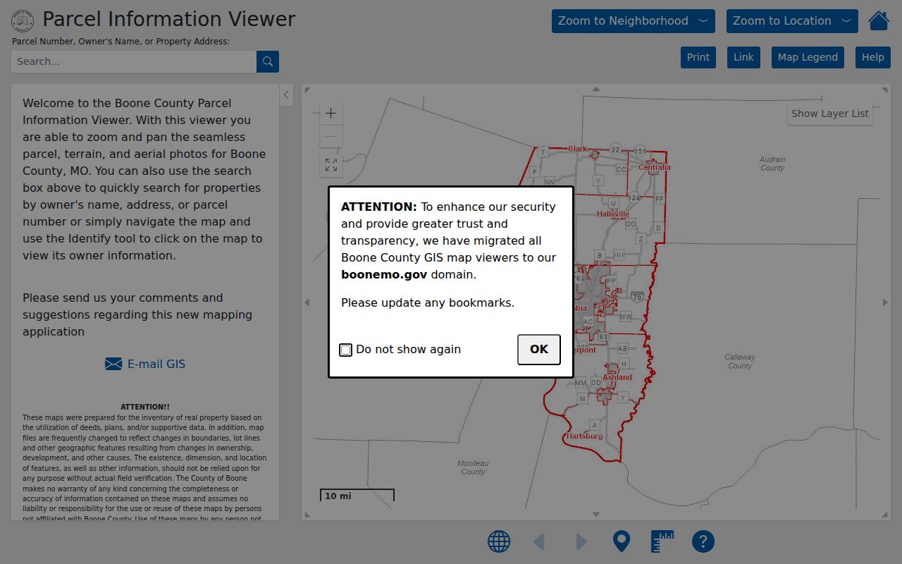 Columbia neighbors parcel map in the Boone County GIS viewer