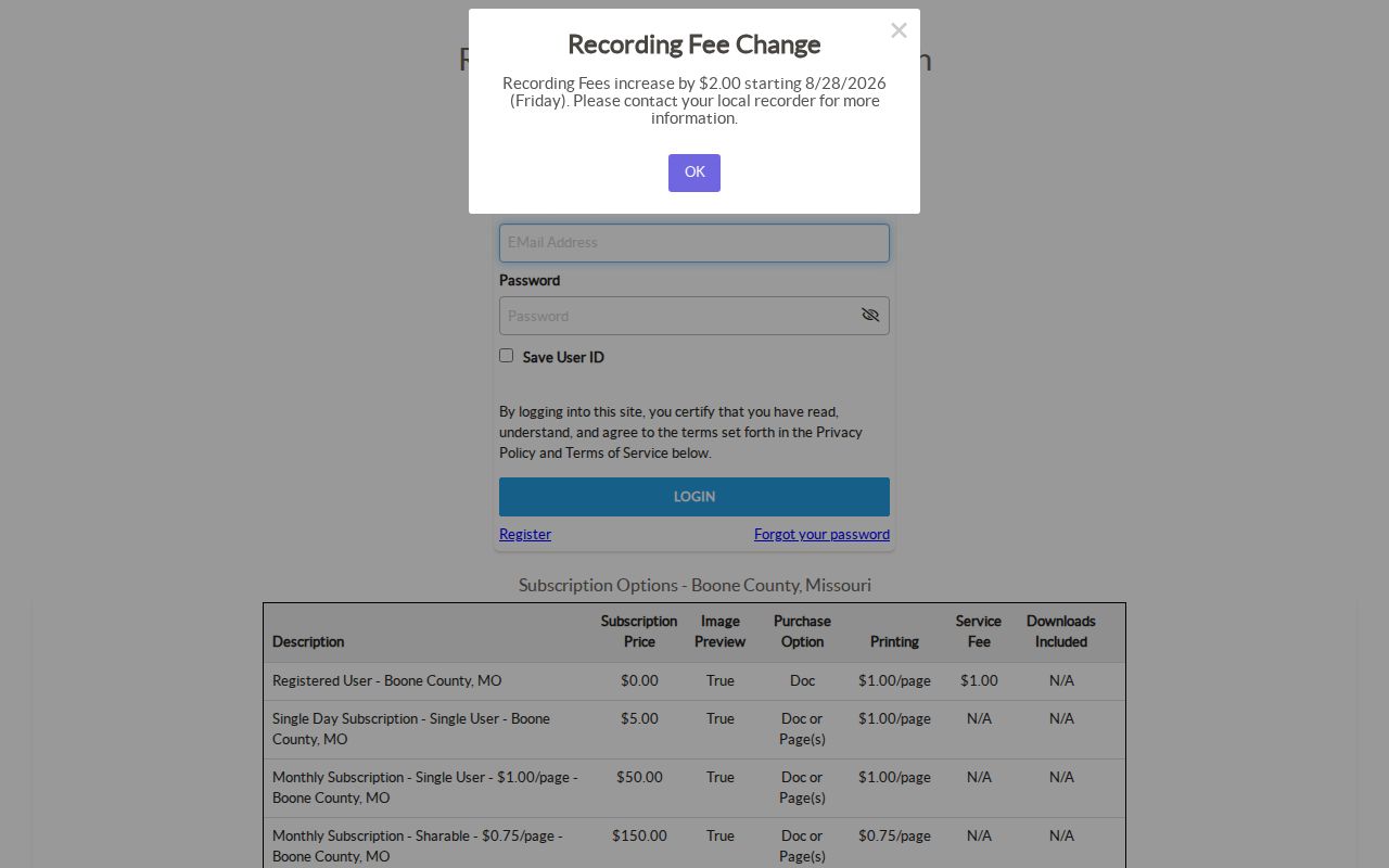 Columbia previous residents Boone iCounty deed image access screen