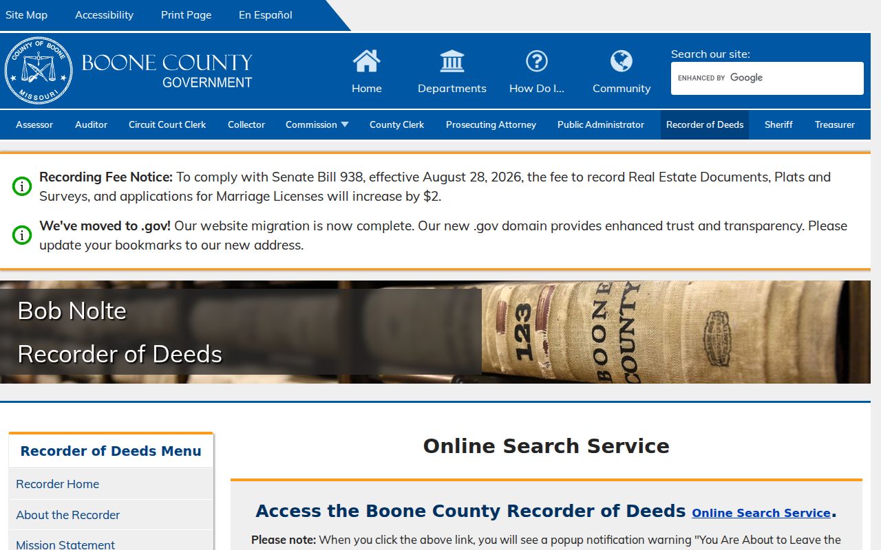 Columbia previous residents Boone Recorder online deed index and grantor grantee search