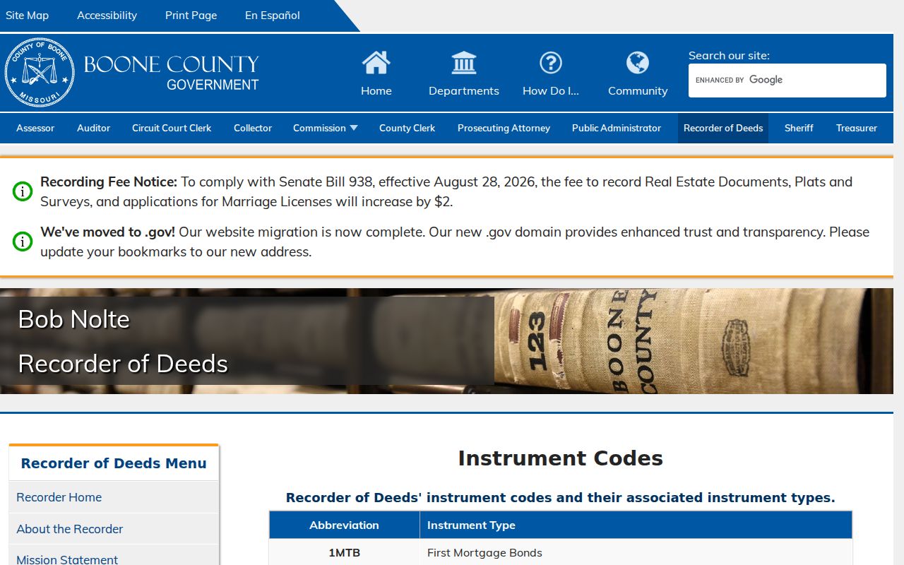 Columbia previous residents Boone Recorder instrument-code reference for deed research