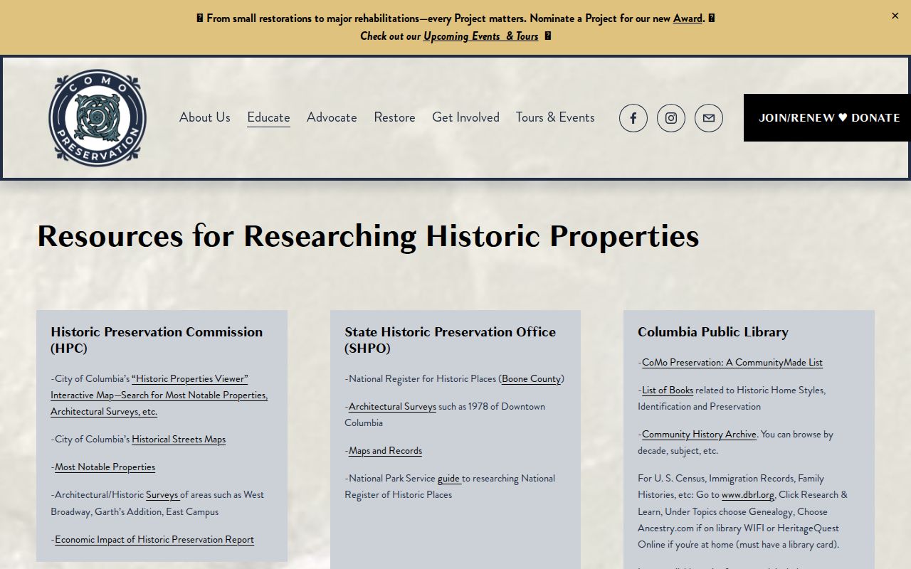 Columbia previous residents CoMo Preservation house-history research resources