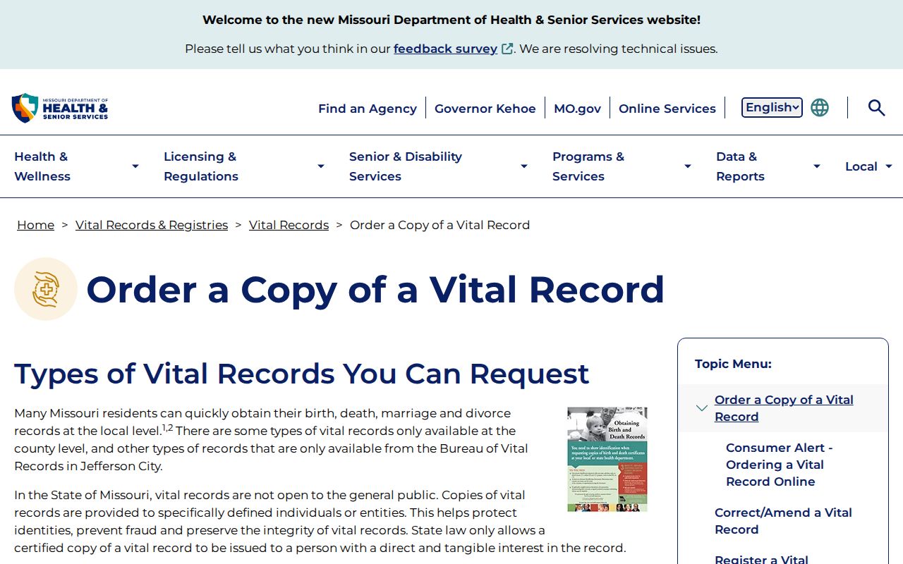 Columbia resident lookup through the Missouri vital records order page
