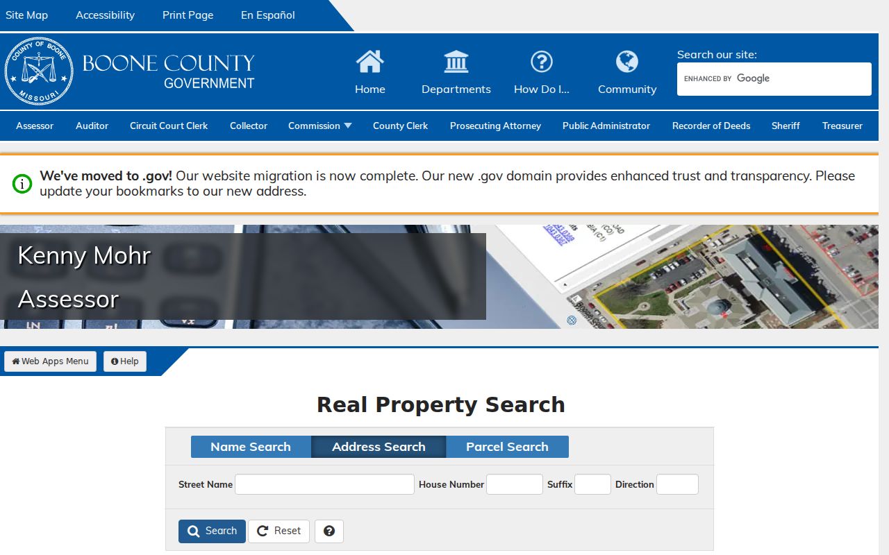 Columbia street directory Boone Assessor address search with street and house fields