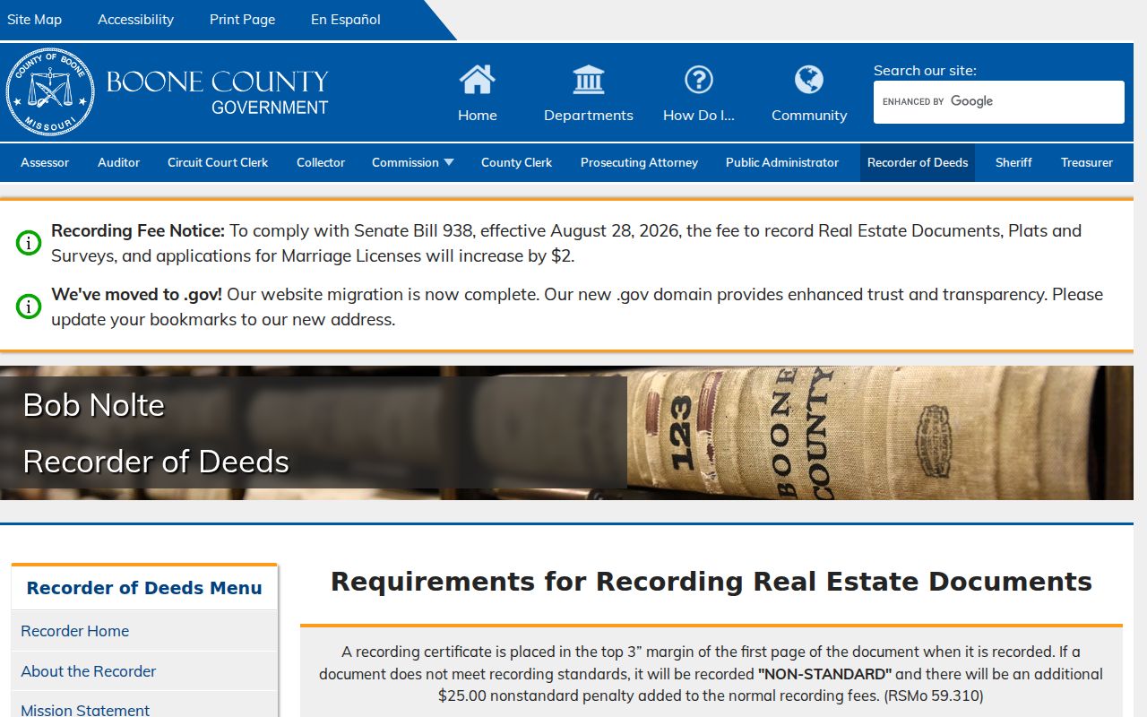 Columbia street directory Boone Recorder real-estate filing record details