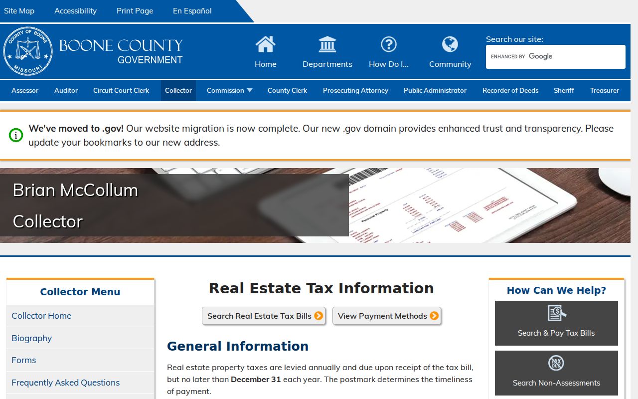 Columbia street directory Boone County real-estate tax search for parcel records